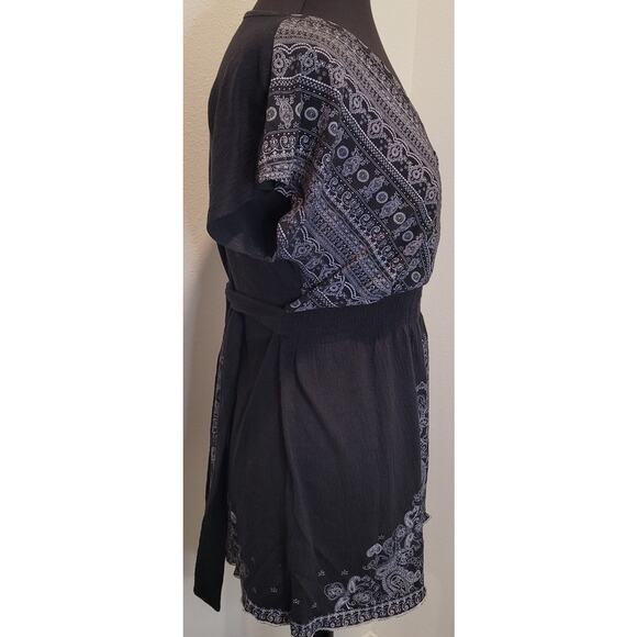Boho V-Neck Empire Waist Blouse Black White Paisley Free People Style M - Picture 3 of 10